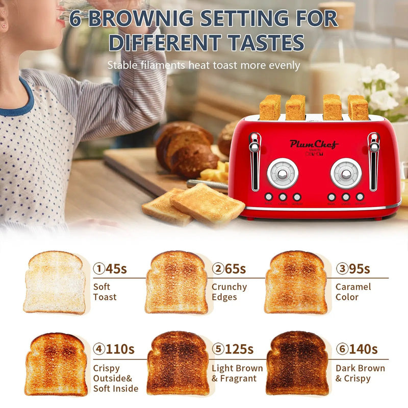 4 Slice Retro Style Toaster, Dual Control, 6 Browning Settings by HouseOfZazla