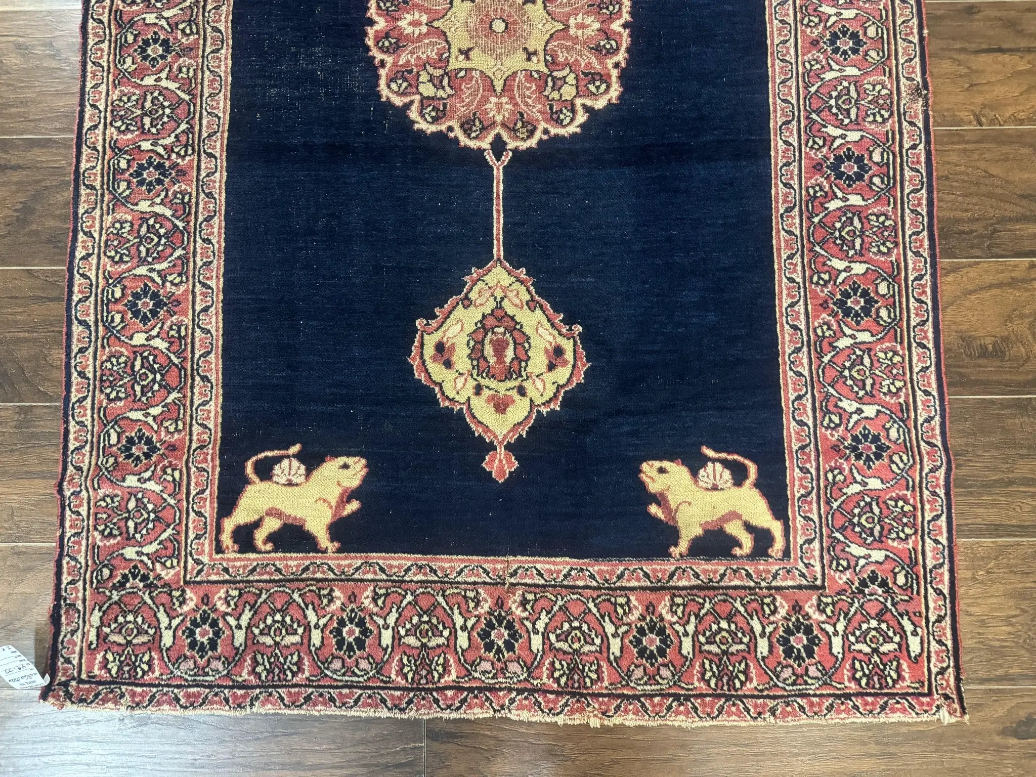 Antique Persian Mashad Rug 4x6, Semi Open Field, Navy Blue, Lion Pictorials, Triple Medallion, Dorokhsh Rug by Jewel Rugs