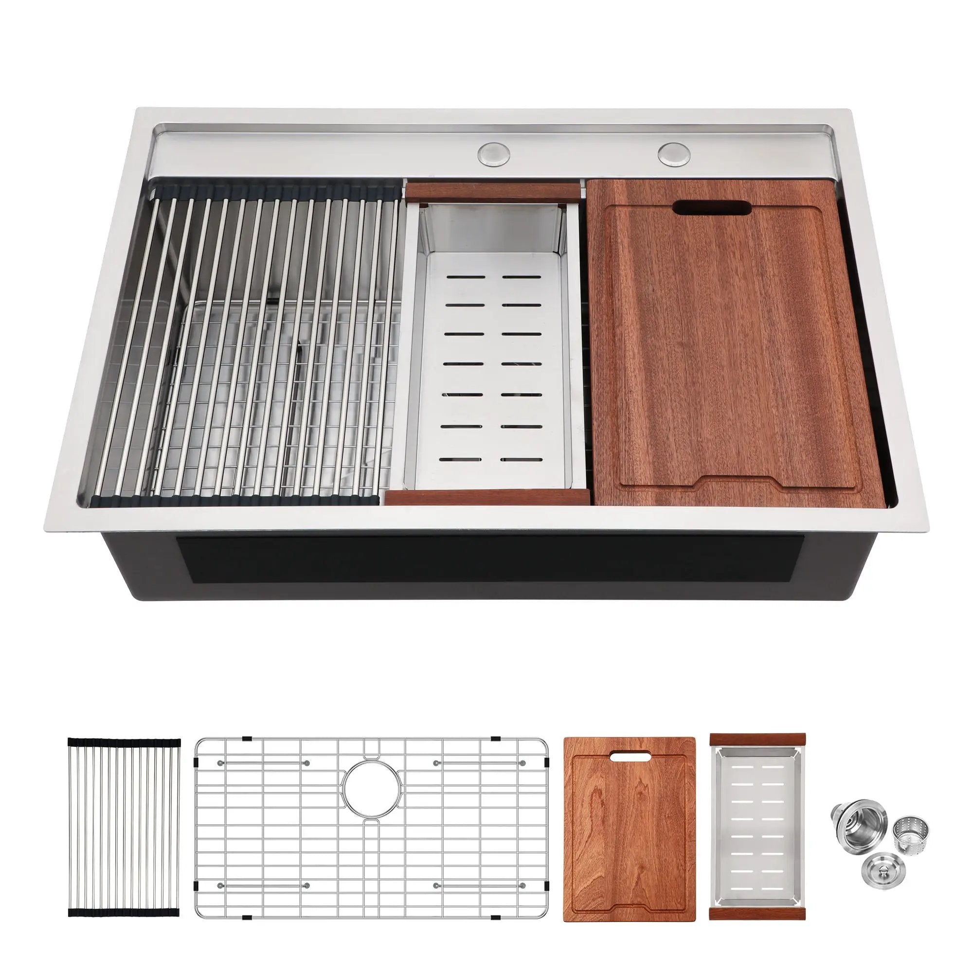 33" Drop In Kitchen Sink With Workstation, 16 Gauge Stainless Steel - Brushed Nickel by HouseOfZazla