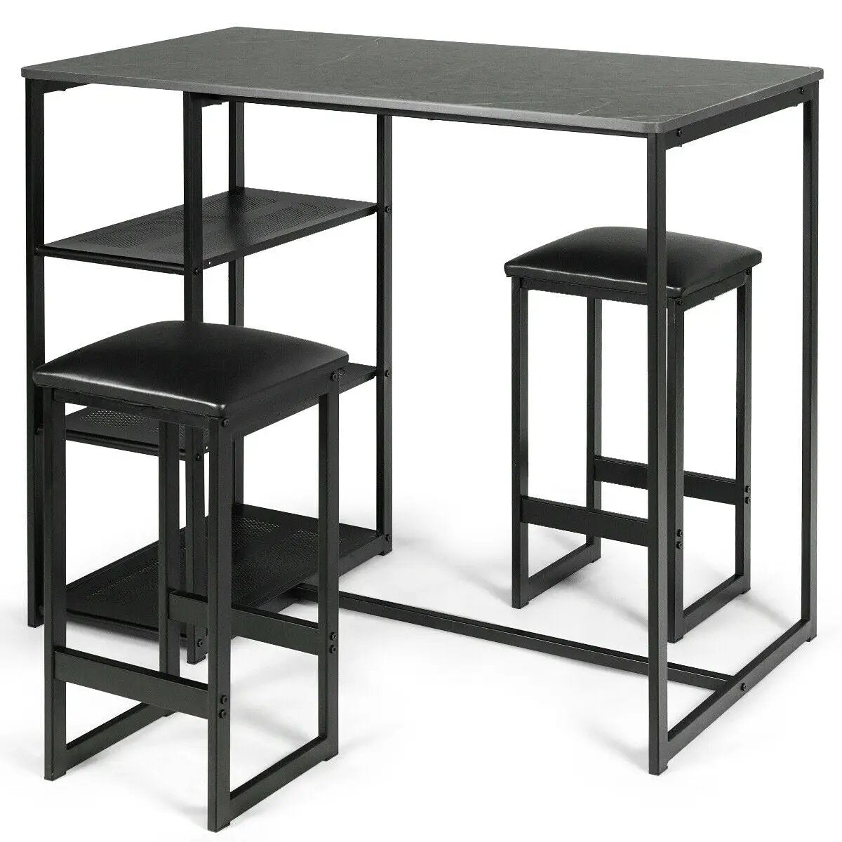 3 pcs Dining Set with Faux Marble Top Table and 2 Stools-Black by DirectDeals