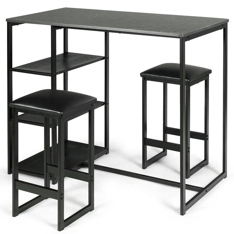 3 pcs Dining Set with Faux Marble Top Table and 2 Stools-Black by DirectDeals