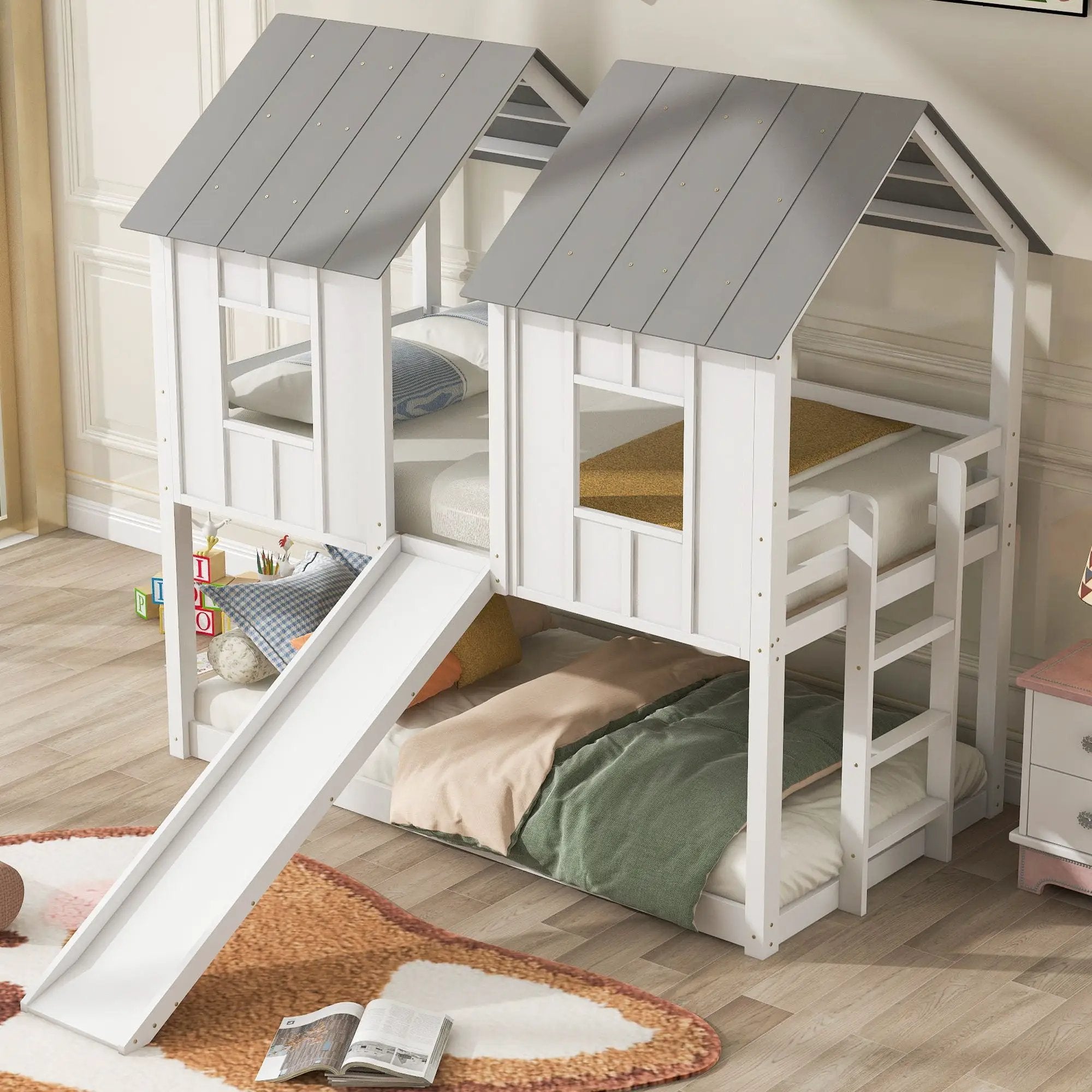 Twin Over Twin House Bunk Bed With Slide And Windows - White / Gray by HouseOfZazla