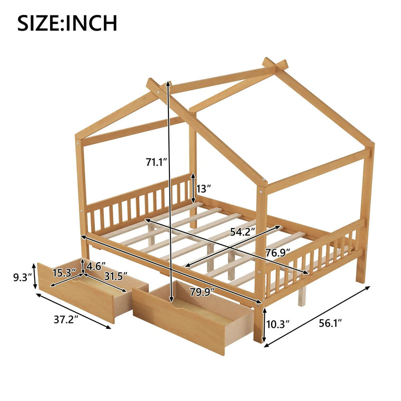 House Style Platform Bed With Headboard, Footboard, 2 Drawers, And Roof Design by Unique Piece Furniture