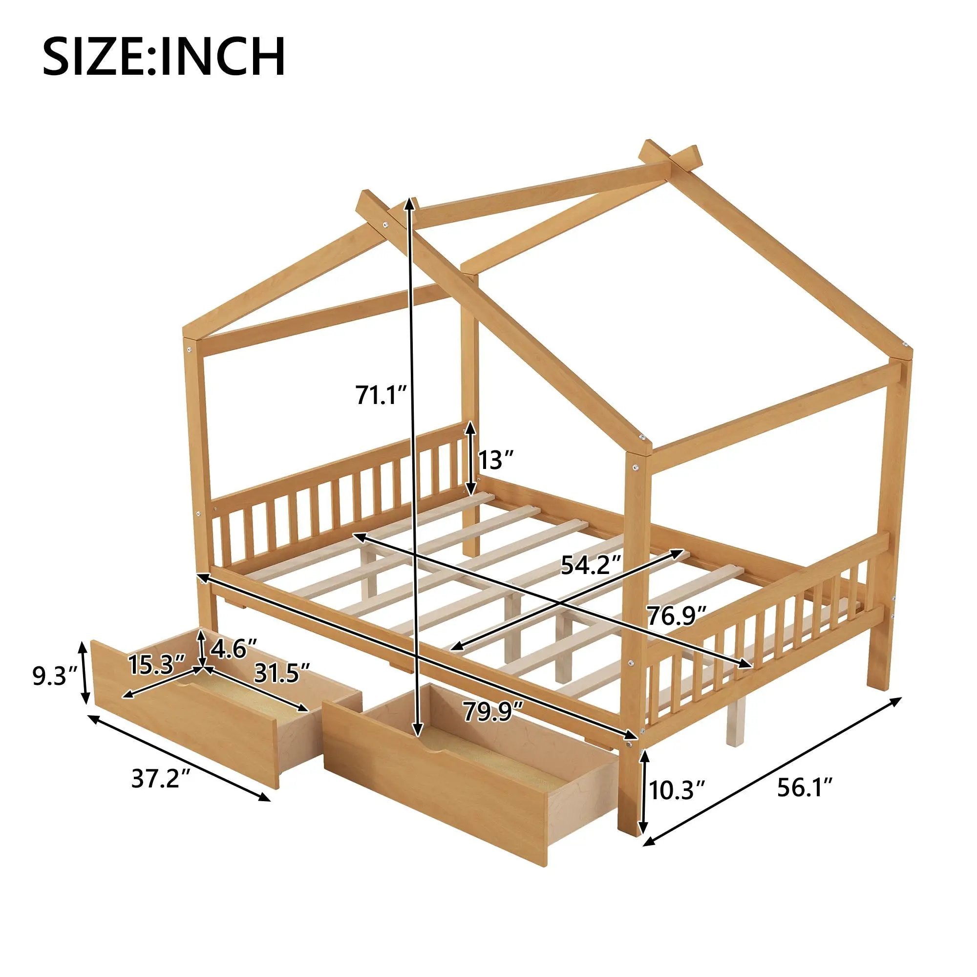 House Style Platform Bed With Headboard, Footboard, 2 Drawers, And Roof Design by HouseOfZazla