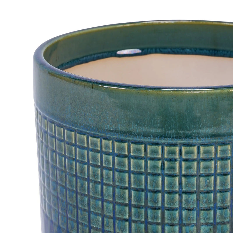 Set of 3 Grid Ceramic Flowerpot, Modern Planter for Patio, Garden, Windowsill - Blue Green by HouseOfZazla