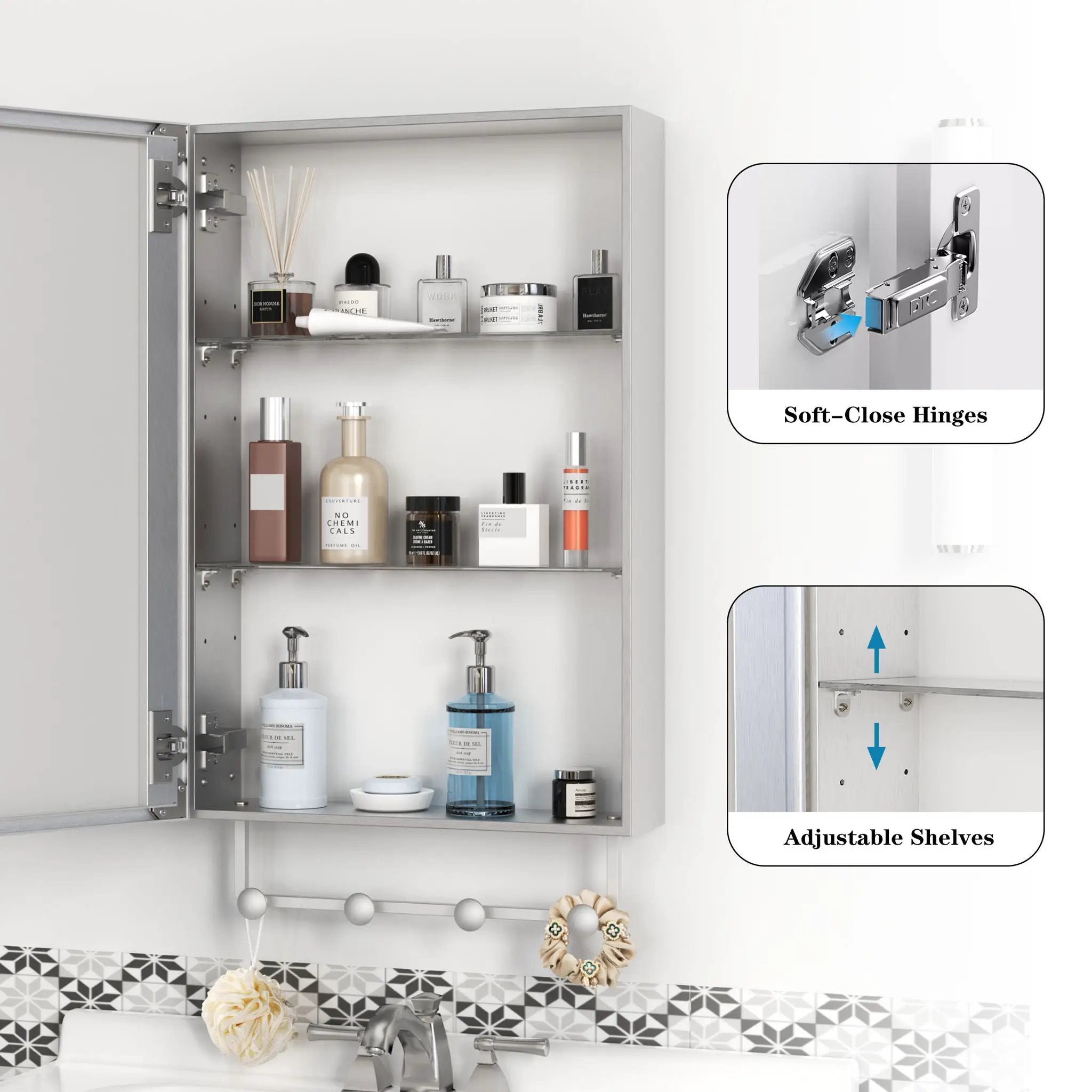 Medicine Cabinet, Wall Mounted Bathroom Mirror With Storage, Adjustable Shelves - Silver by HouseOfZazla