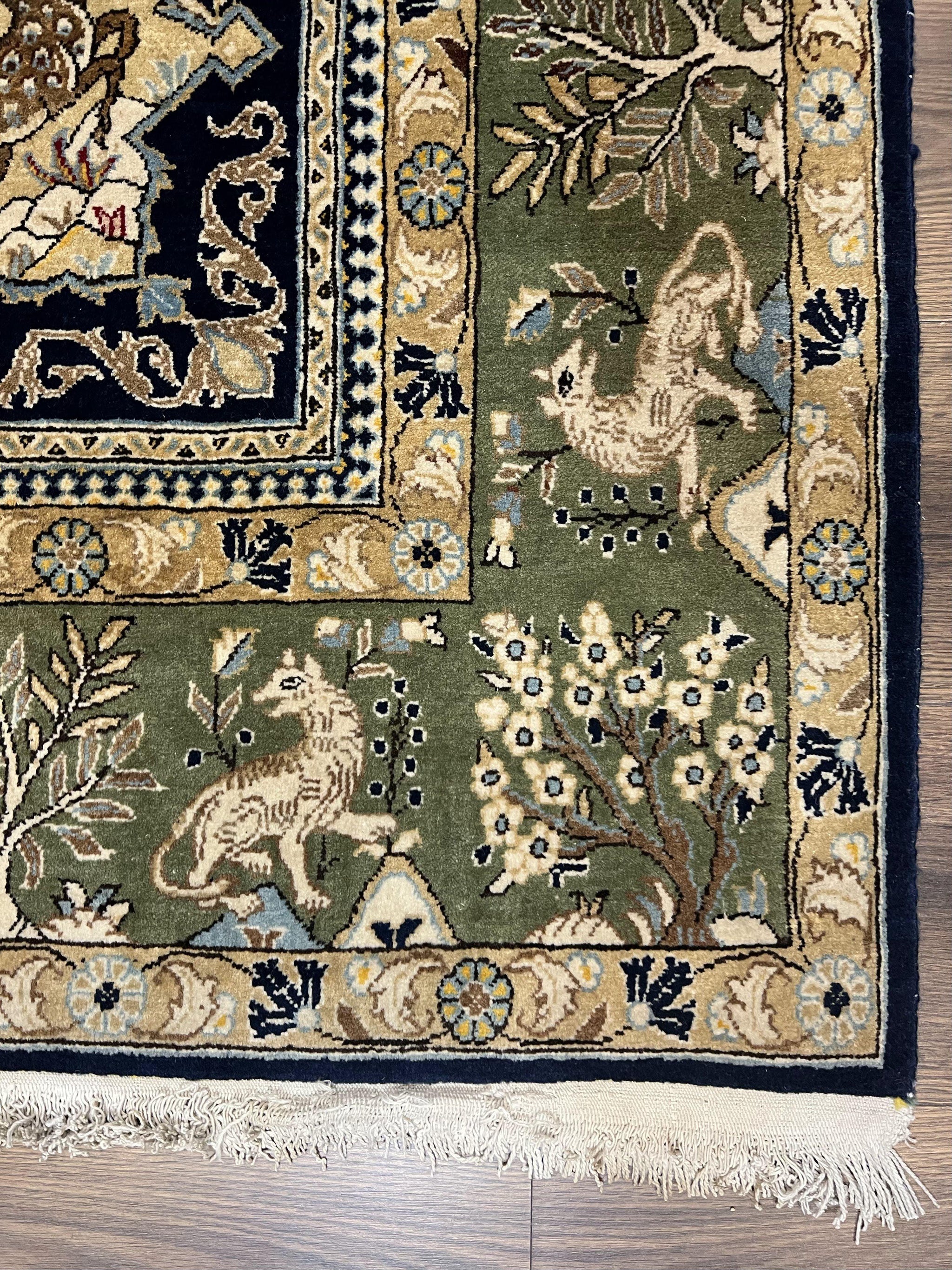 Wonderful Persian Qum Rug 6x9, Animal Pictorials, Tree of Life, Deer Birds, Hand Knotted Oriental Ghom Carpet, Semi Antique Vintage, Navy Blue Green by Jewel Rugs