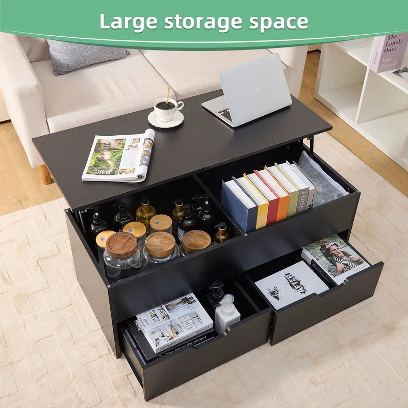 Lift-Top Coffee Table With Storage Center Tables Hidden Compartment & 2 Drawers, Sofa Table For Living Room - Black by HouseOfZazla