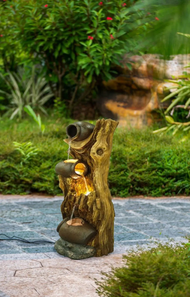 Decorative 3 Tier Tree Trunk Fountain With Lights And Pump - Brown by HouseOfZazla