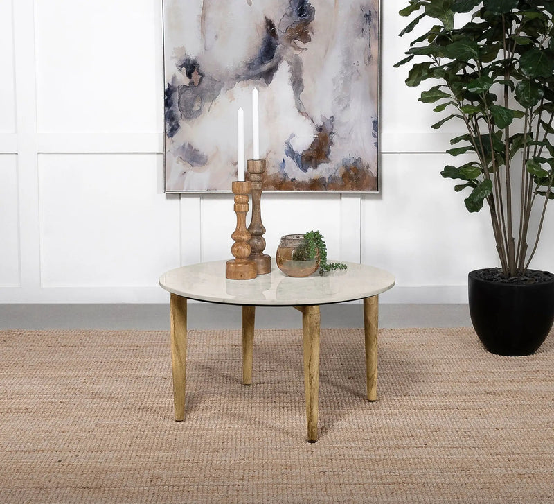 Aldis Round Marble Top Coffee Table White and Natural by Unique Piece Furniture