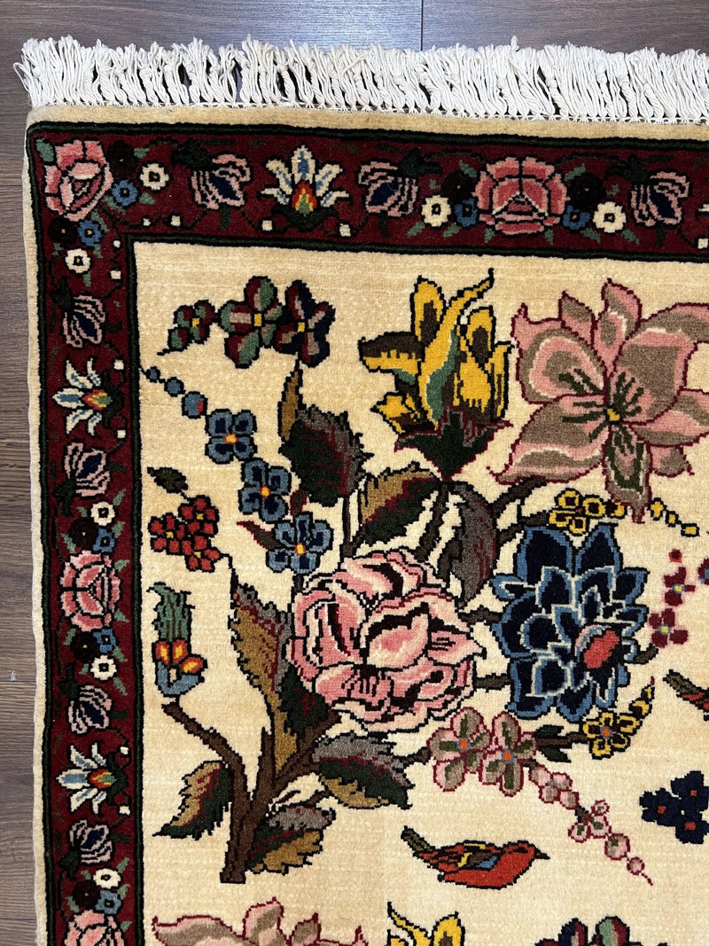 Persian Bidjar Rug 3.6 x 5 ft, Repeated Floral Motifs, Roses and Birds, Cream Burgundy, Fine Wool Oriental Bijar Carpet, Vintage Traditional Area Rug by Jewel Rugs