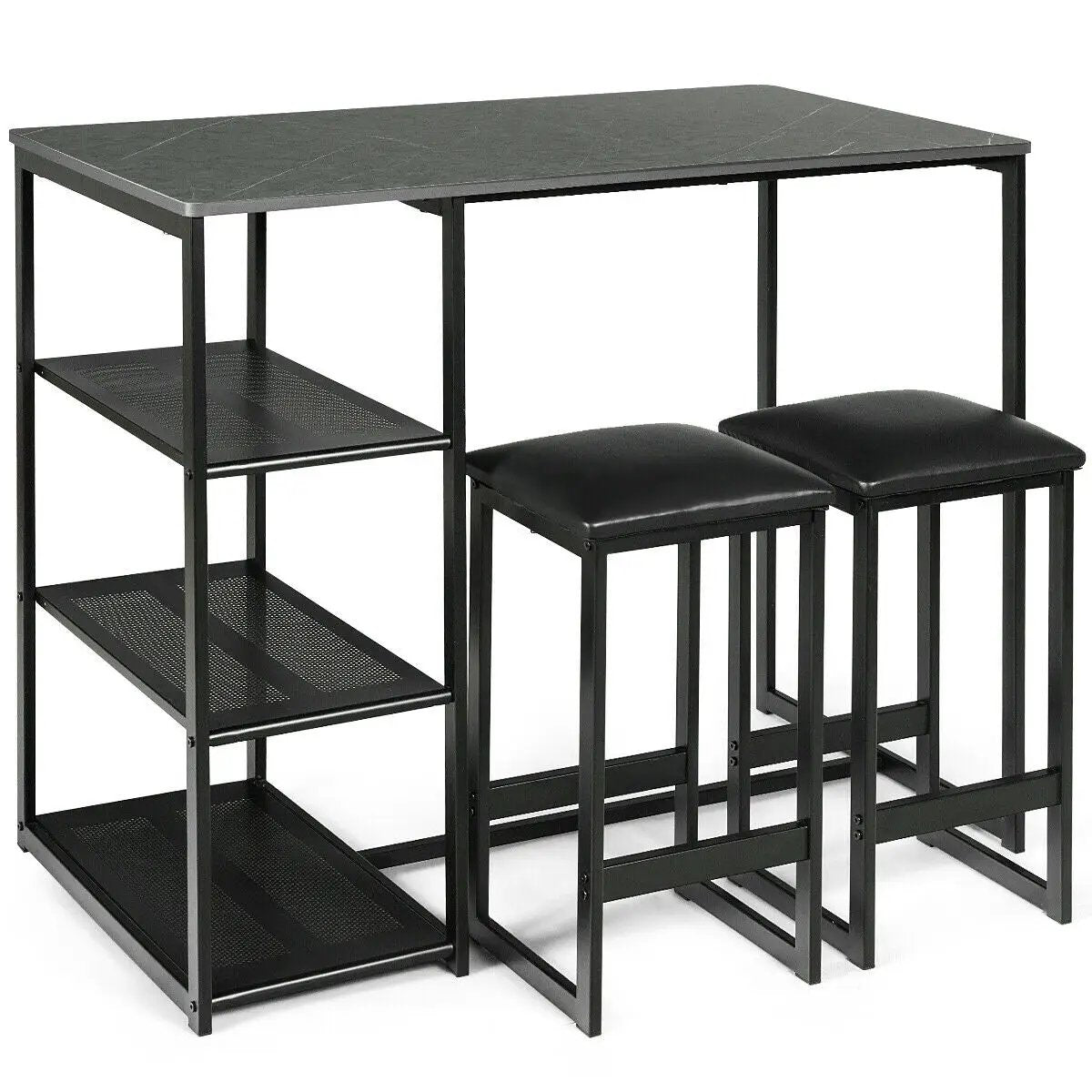 3 pcs Dining Set with Faux Marble Top Table and 2 Stools-Black by DirectDeals