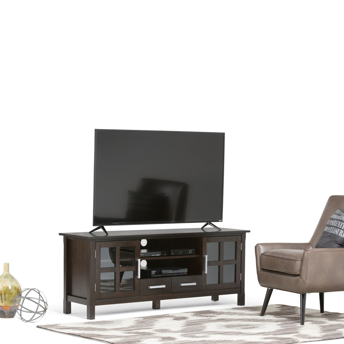 Handcrafted TV Media Stand with Glass Doors and Adjustable Storage - Dark Brown, photo 10 of 10