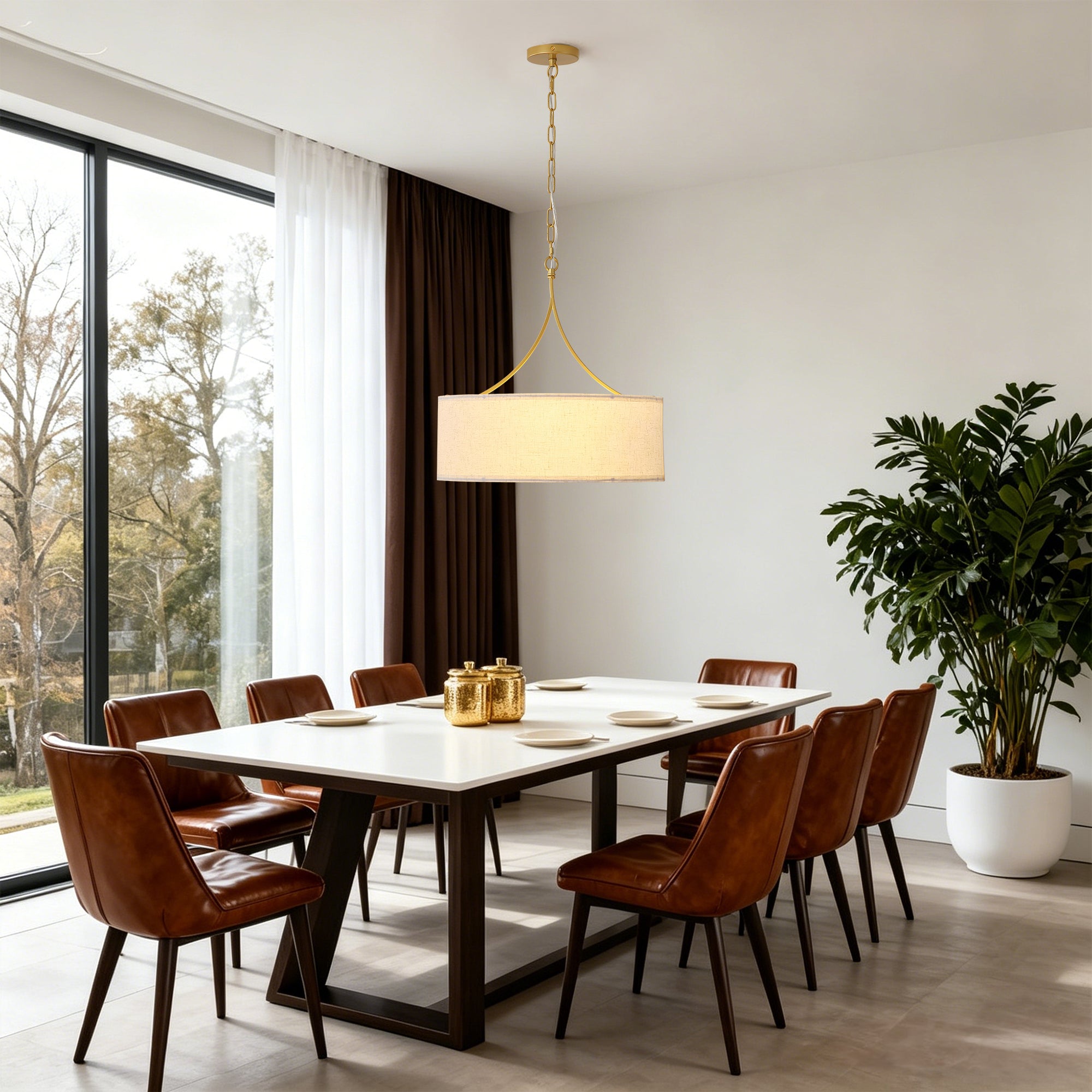 3-Light Gold Fabric Drum Pendant Light by HouseOfZazla