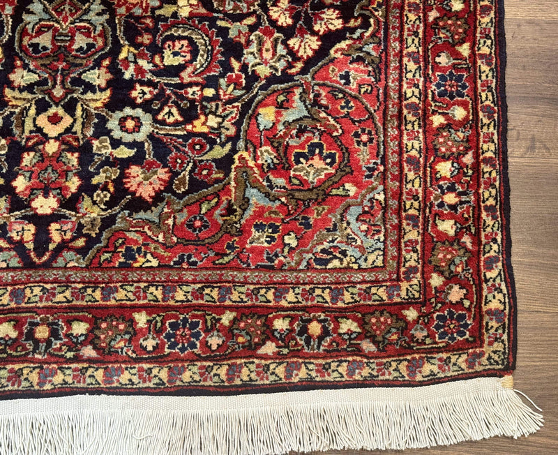Antique Persian Sarouk Rug 4x5, Dark Blue and Red, Floral Medallion, Fine by Jewel Rugs