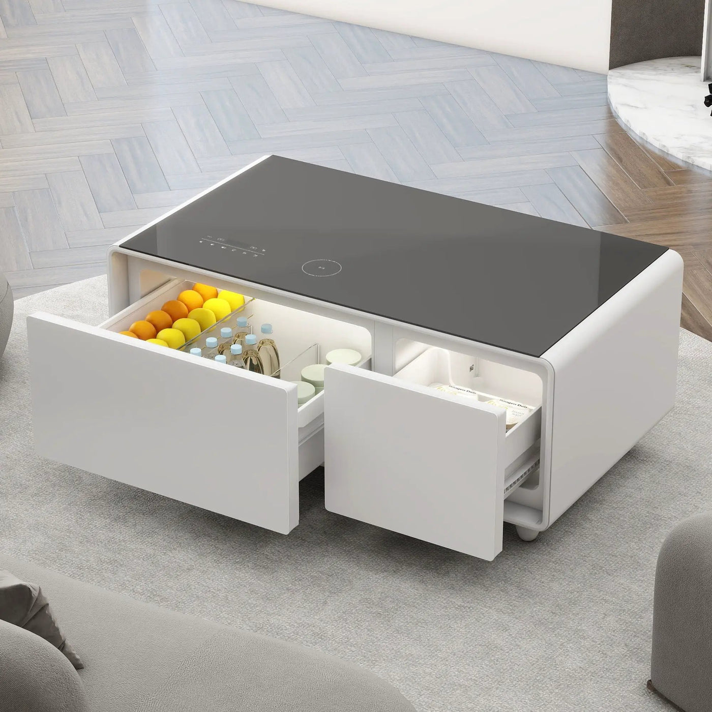 Modern Smart Coffee Table With Built-In Fridge - tooth Speaker, Wireless Charging, Touch Control Panel, USB Interface, Outlet Protection, Atmosphere Light by HouseOfZazla