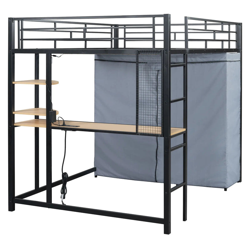 Loft Bed With Desk, Shelves, Power Outlet, LED Light And Wardrobe by HouseOfZazla