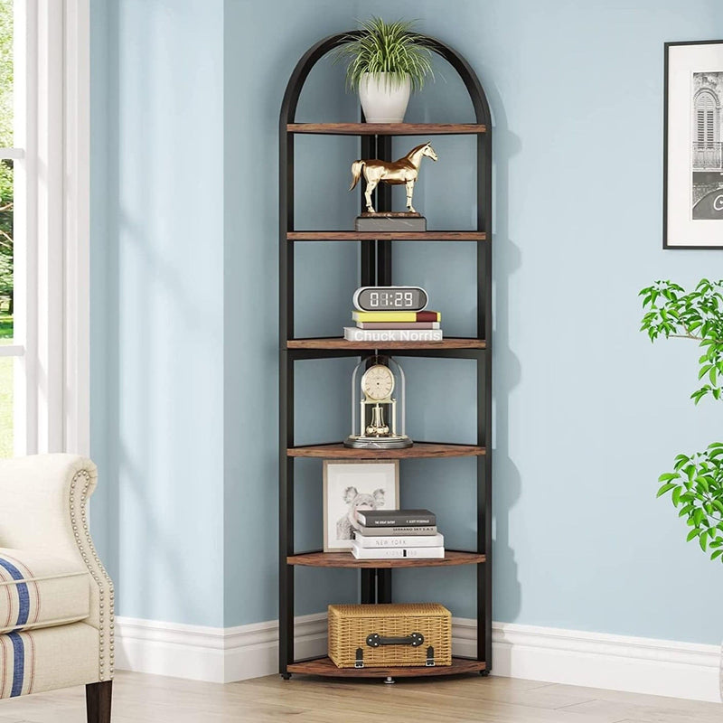 Tall 6 Tier Corner Shelf, Freestanding Bookshelf For Living Room - Rustic Brown by HouseOfZazla