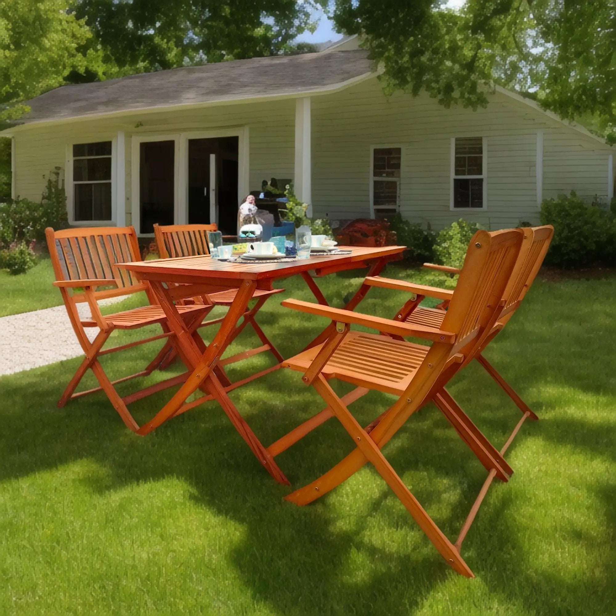 5 Piece Patio Dining Set, 4 Folding Chairs & 1 Dining Table, Indoor And Outdoor Universal - Teak by Unique Piece Furniture
