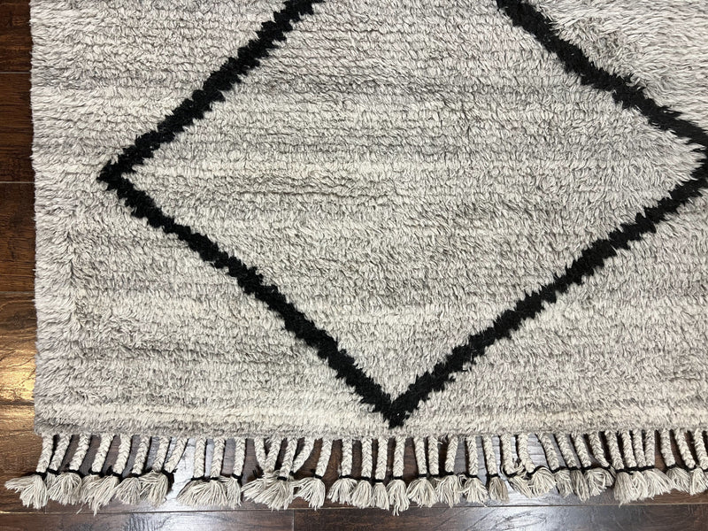 Modern Shag Rug 8x10, Gray and Black, Wool and Cotton, Lulu and Georgia, Handmade Indian Shag Rug by Jewel Rugs