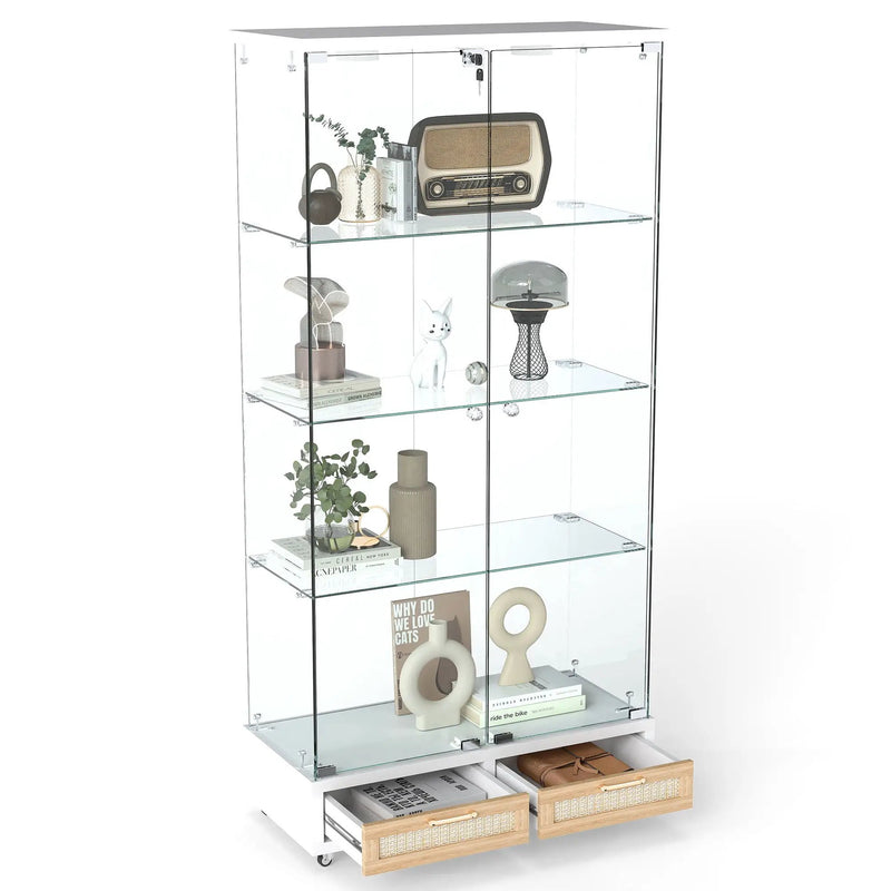 Glass Display Cabinet With LED Lights, Tempered Glass Doors, Large Drawers, 2 Door Storage Case With 4 Shelves - Natural / White by HouseOfZazla