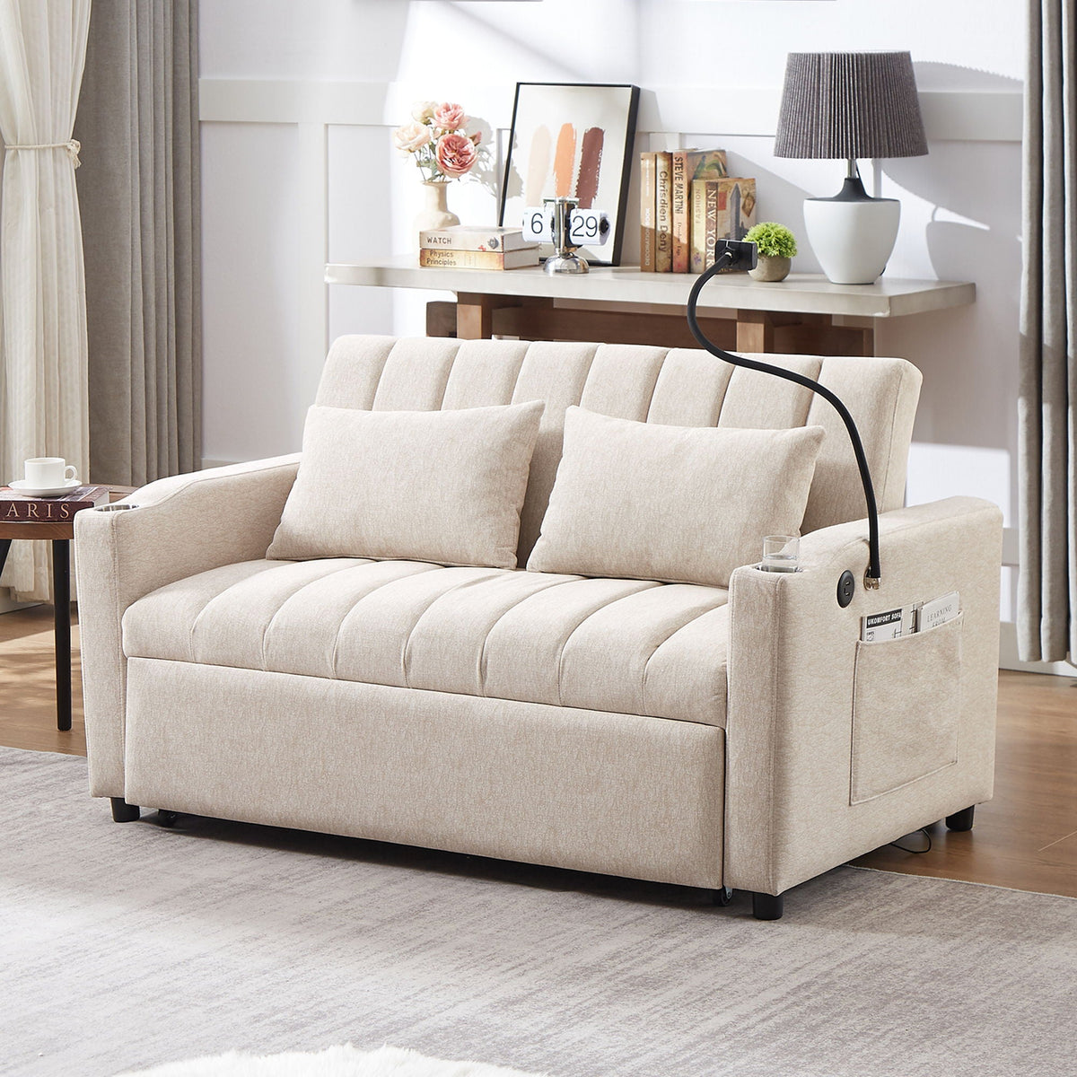 Convertible Sofa Bed Loveseat Sofa With Three USB Ports, Two Side Pockets, Two Cup Holders And 360° swivel Phone Holder For Living Room, photo 18 of 19