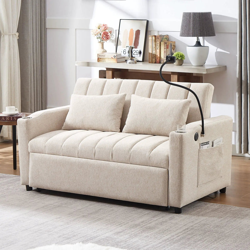 Convertible Sofa Bed Loveseat Sofa With Three USB Ports, Two Side Pockets, Two Cup Holders And 360° swivel Phone Holder For Living Room by Unique Piece Furniture