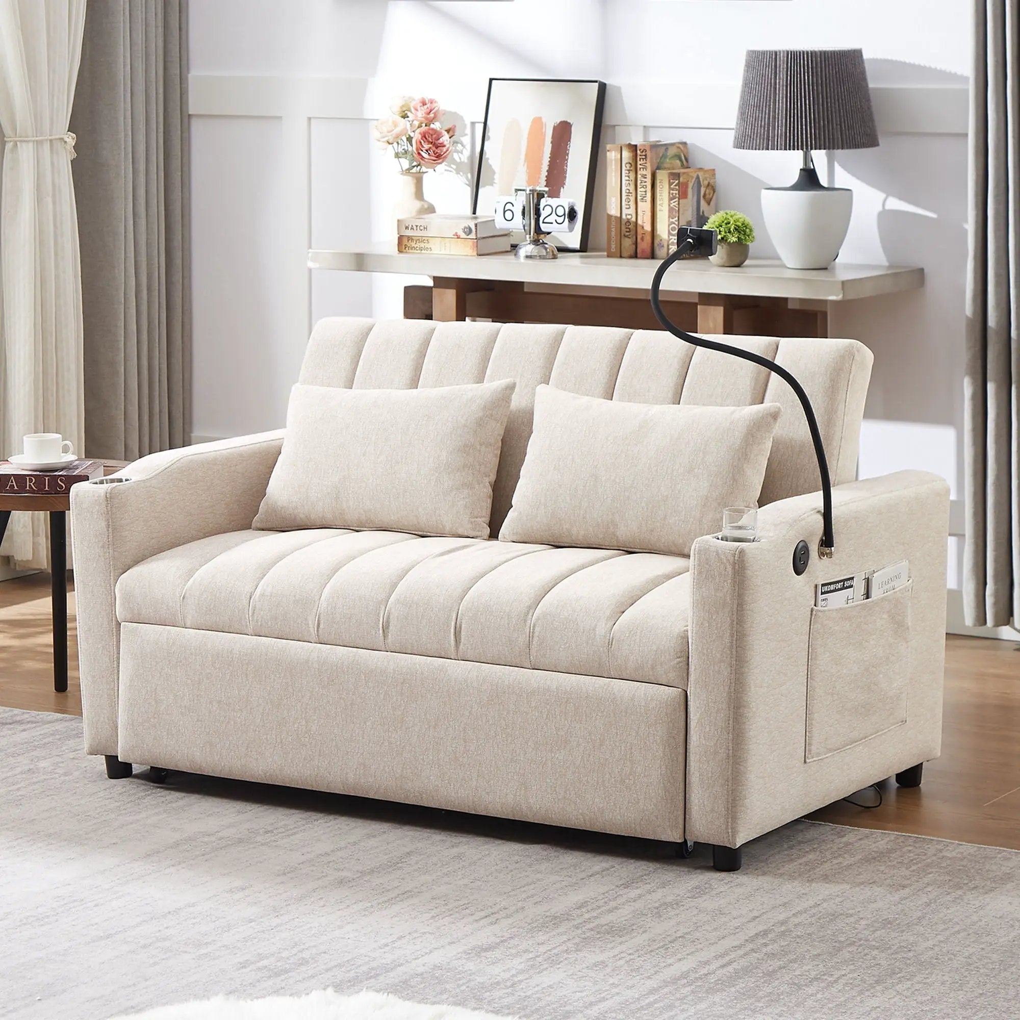 Convertible Sofa Bed Loveseat Sofa With Three USB Ports, Two Side Pockets, Two Cup Holders And 360° swivel Phone Holder For Living Room by HouseOfZazla