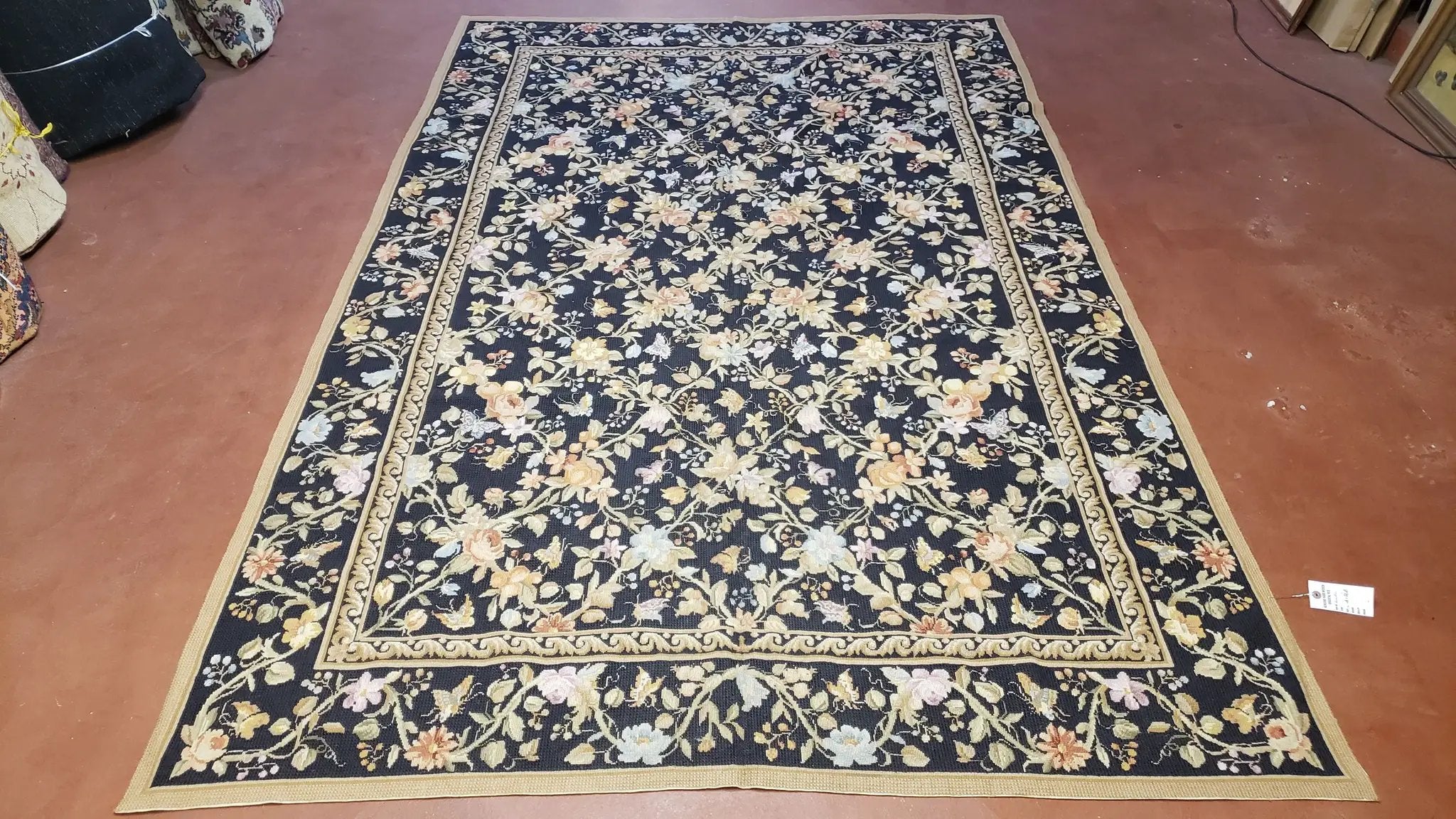 6x9 Vintage Needlepoint Rug, Petitepoint Carpet, Butterflies Floral Design by Jewel Rugs