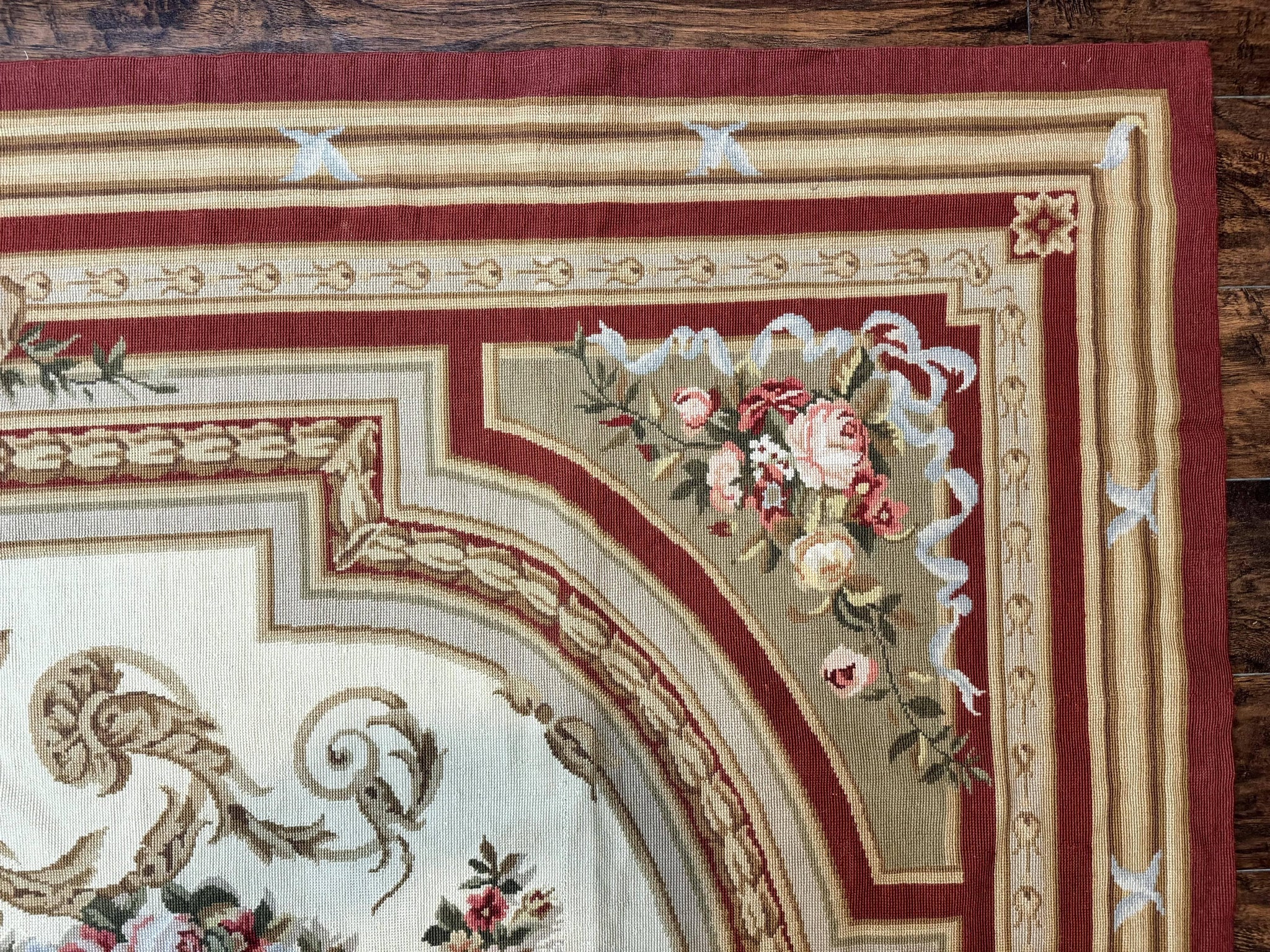 Aubusson Needlepoint Rug 9x11, Handmade Vintage Wool Flatweave Carpet, Elegant European Rug, Floral, Cream by Jewel Rugs