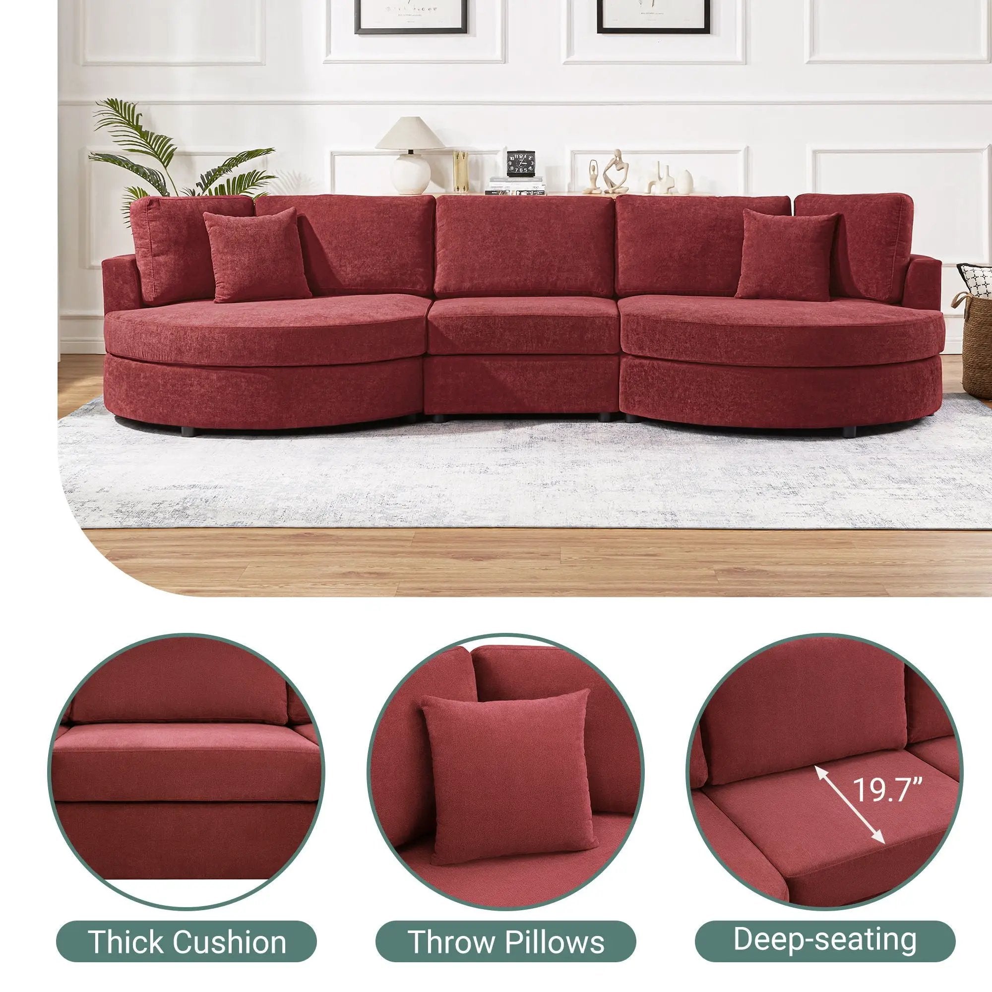 Modern 3 Seater Upholstered Sofa With Curved Design by HouseOfZazla