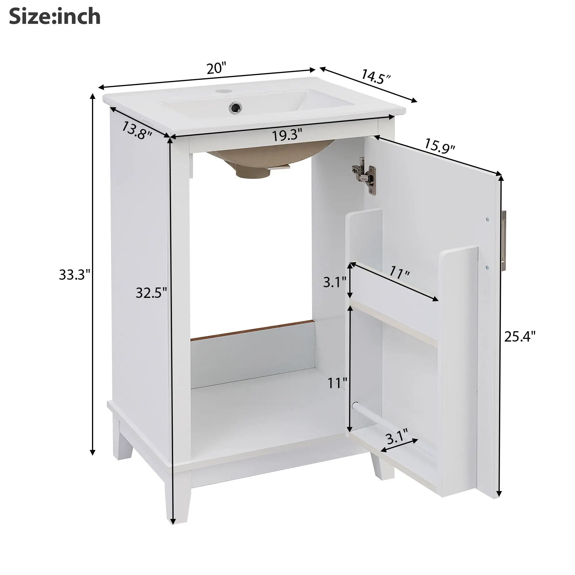 Modern Small Bathroom Vanity Cabinet With Ceramic Basin, Ample Storage, 1 Soft Close Door by Unique Piece Furniture
