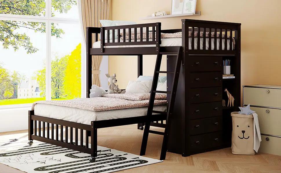 Bunk Bed With 6 Drawers And Flexible Shelves, Bottom Bed With Wheels by Unique Piece Furniture