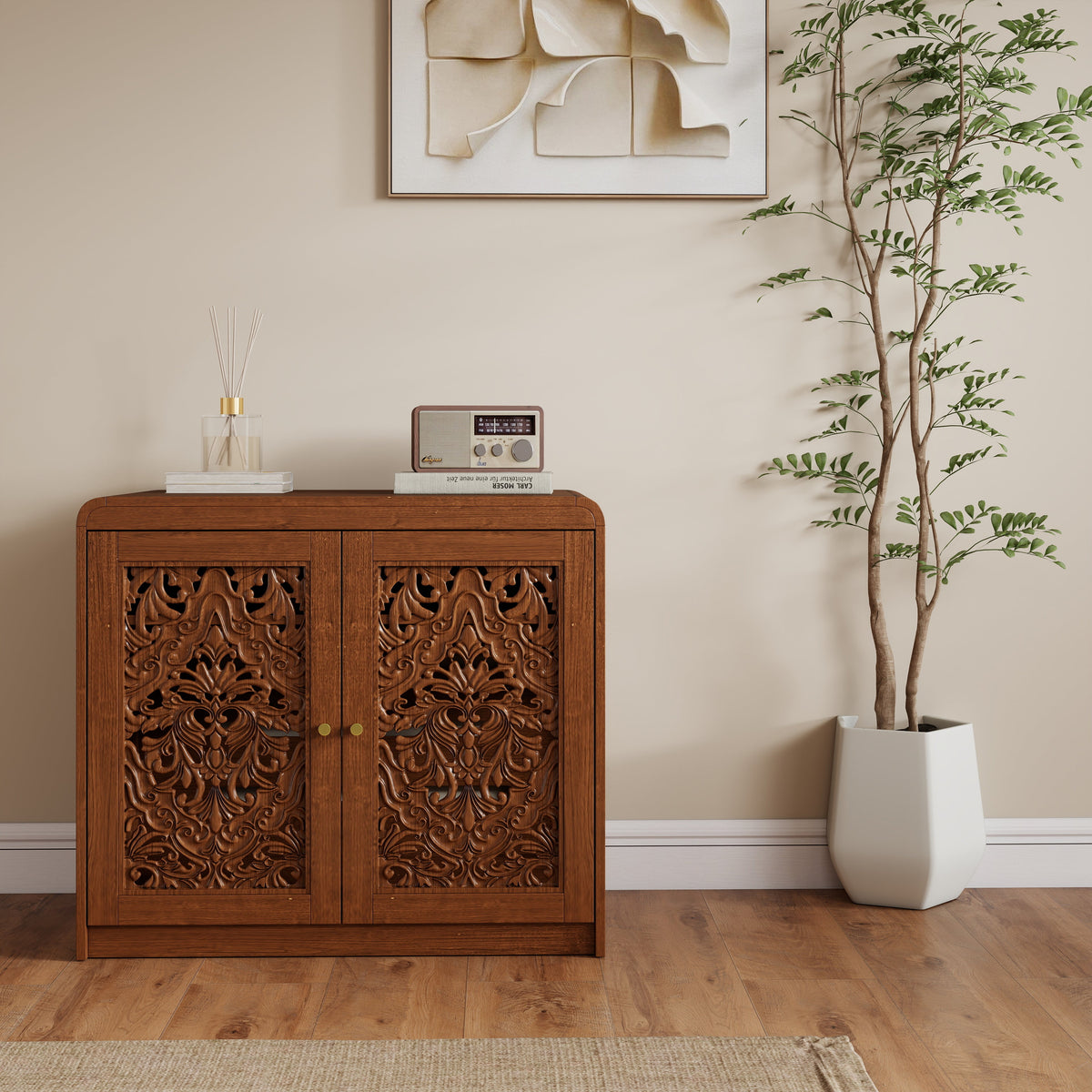 Walnut Cat Litter Box Enclosure Cabinet with Vent & Carved Doors - Walnut, photo 3 of 10