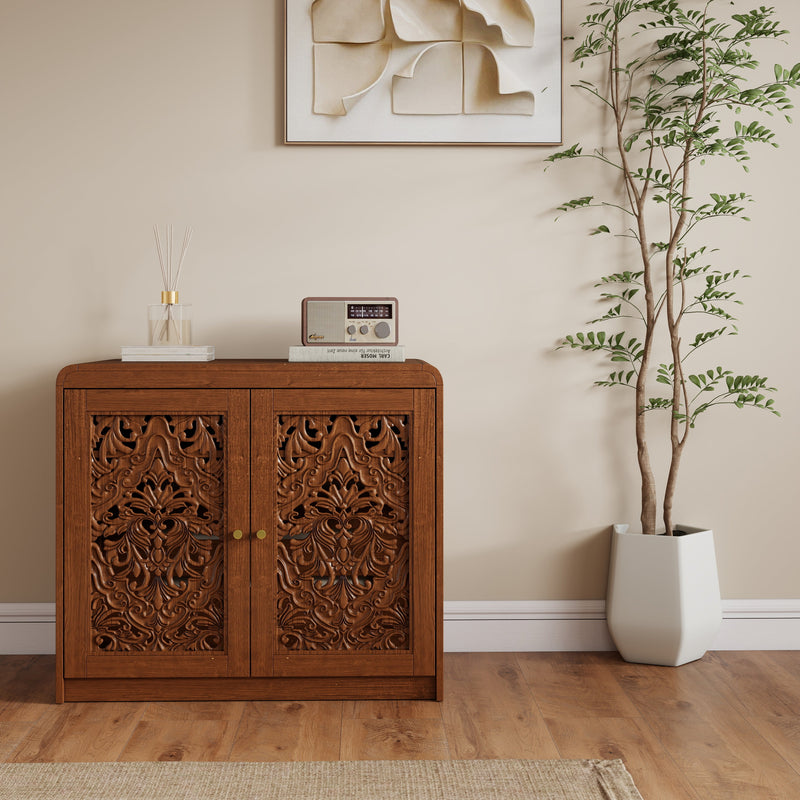 Walnut Cat Litter Box Enclosure Cabinet with Vent & Carved Doors - Walnut, photo 3 of 10