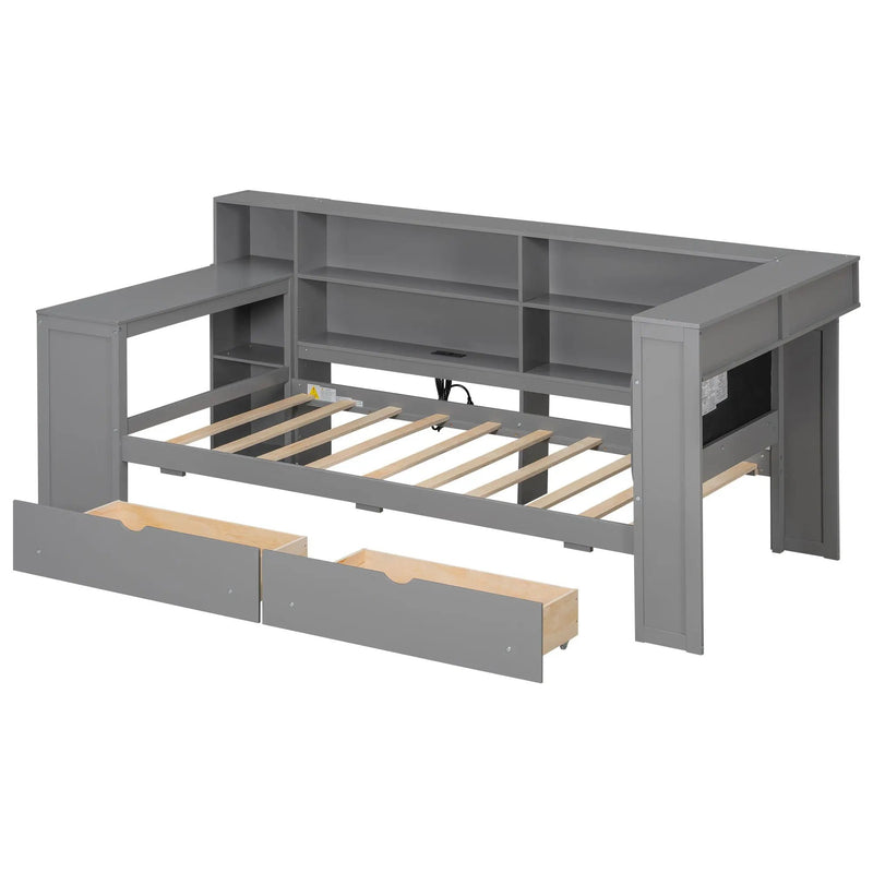 Platform Bed With Upholstered Headboard, Storage Shelves, Drawers, Charging Station, LED Lighting, Built In Desk by Unique Piece Furniture