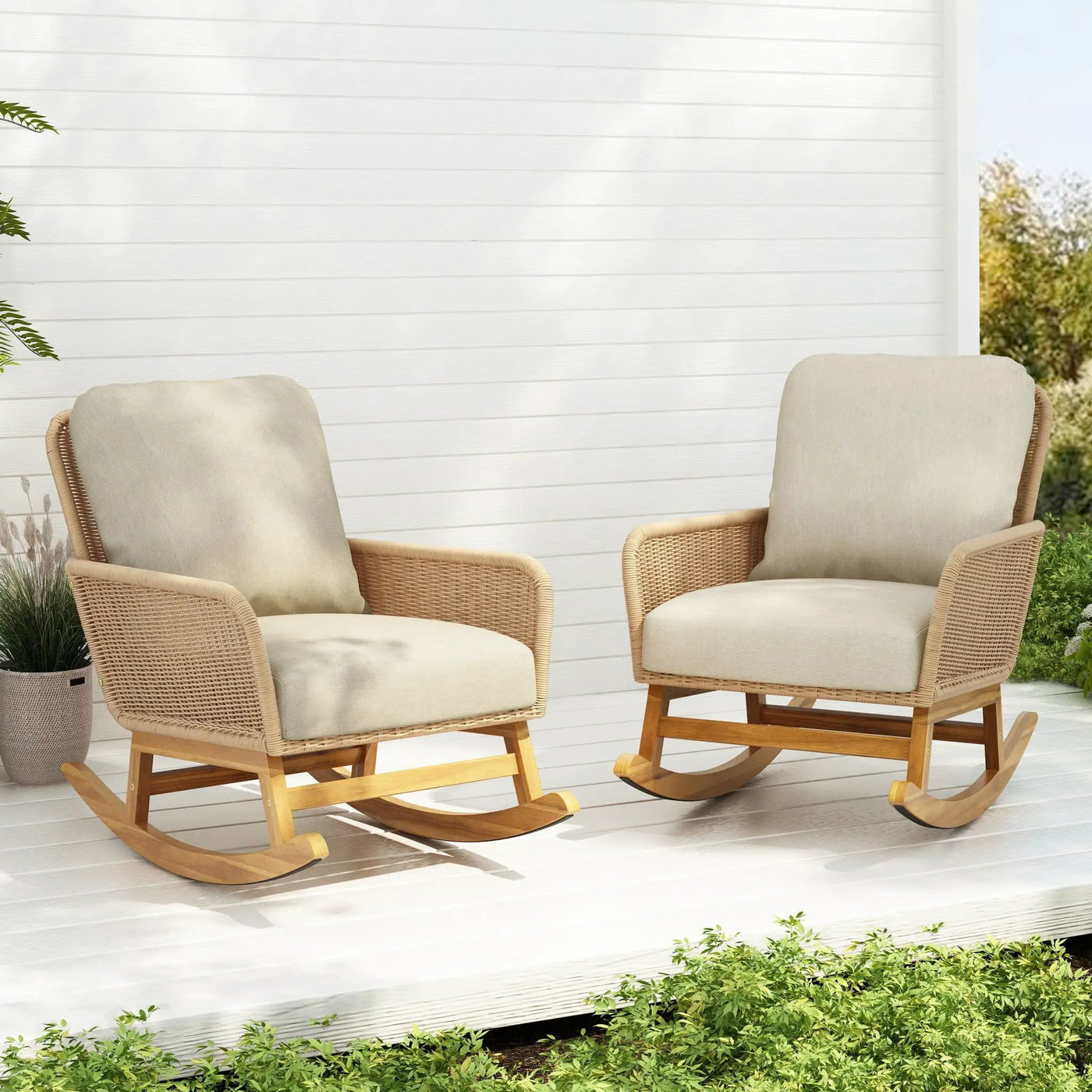 Contemporary Minimalist Wicker Rocking Chair With Soft Cushions And Durable Wooden Frame by HouseOfZazla