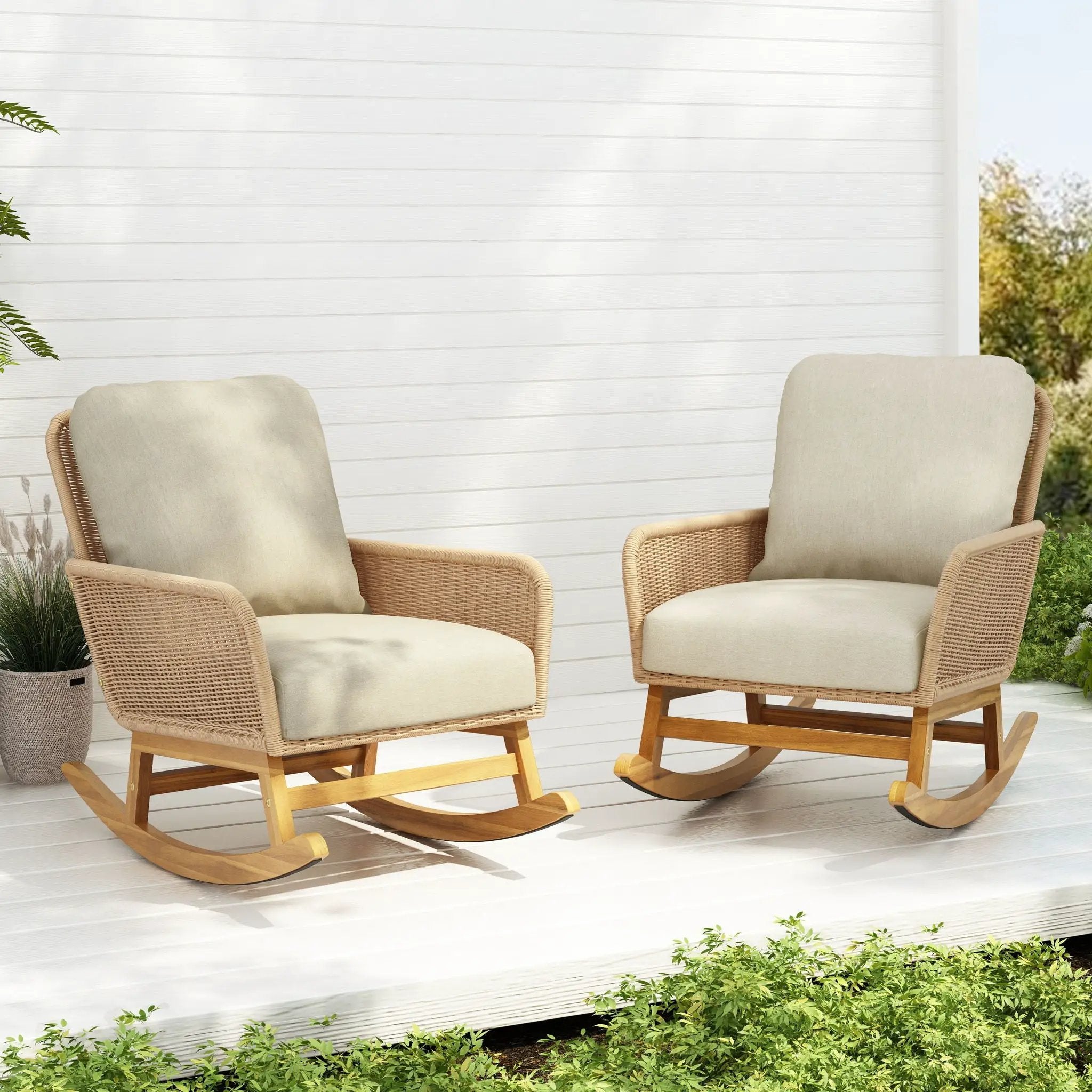 Contemporary Minimalist Wicker Rocking Chair With Soft Cushions And Durable Wooden Frame by HouseOfZazla