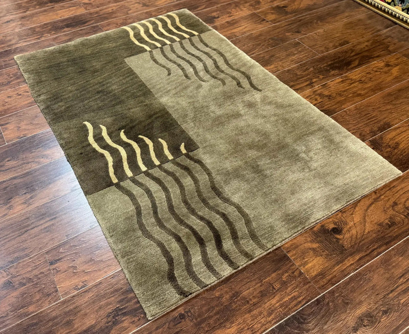 Modern Tibetan Wool Rug 3.6 x 5.6, Shades of Green, Abstract Design by Jewel Rugs