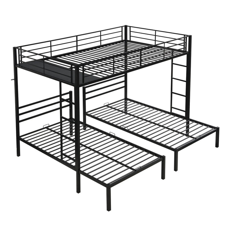 Modern Metal Triple Bunk Bed With Vertical Ladder, Safety Rail, And Storage Shelf - Black by Unique Piece Furniture