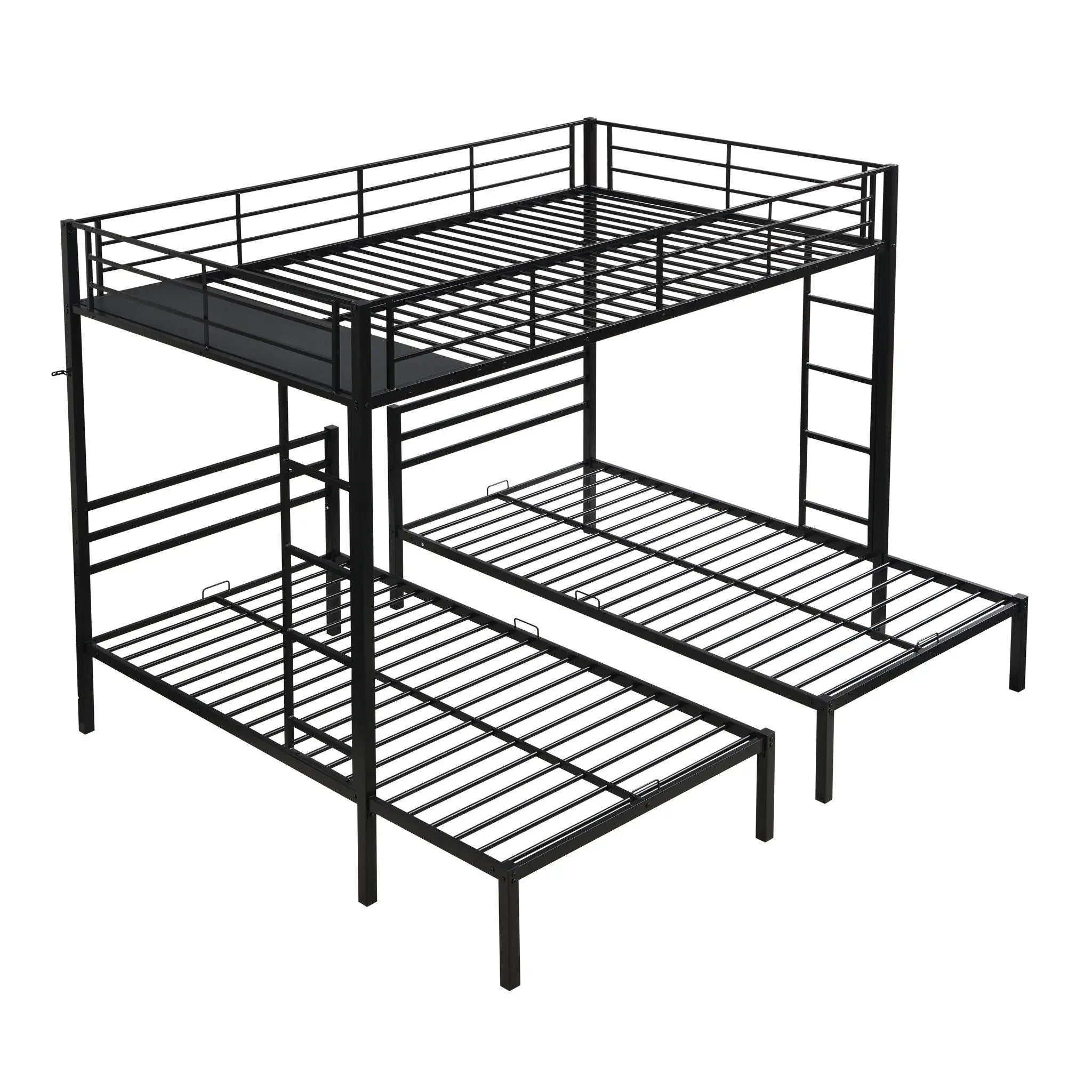 Modern Metal Triple Bunk Bed With Vertical Ladder, Safety Rail, And Storage Shelf - Black by HouseOfZazla