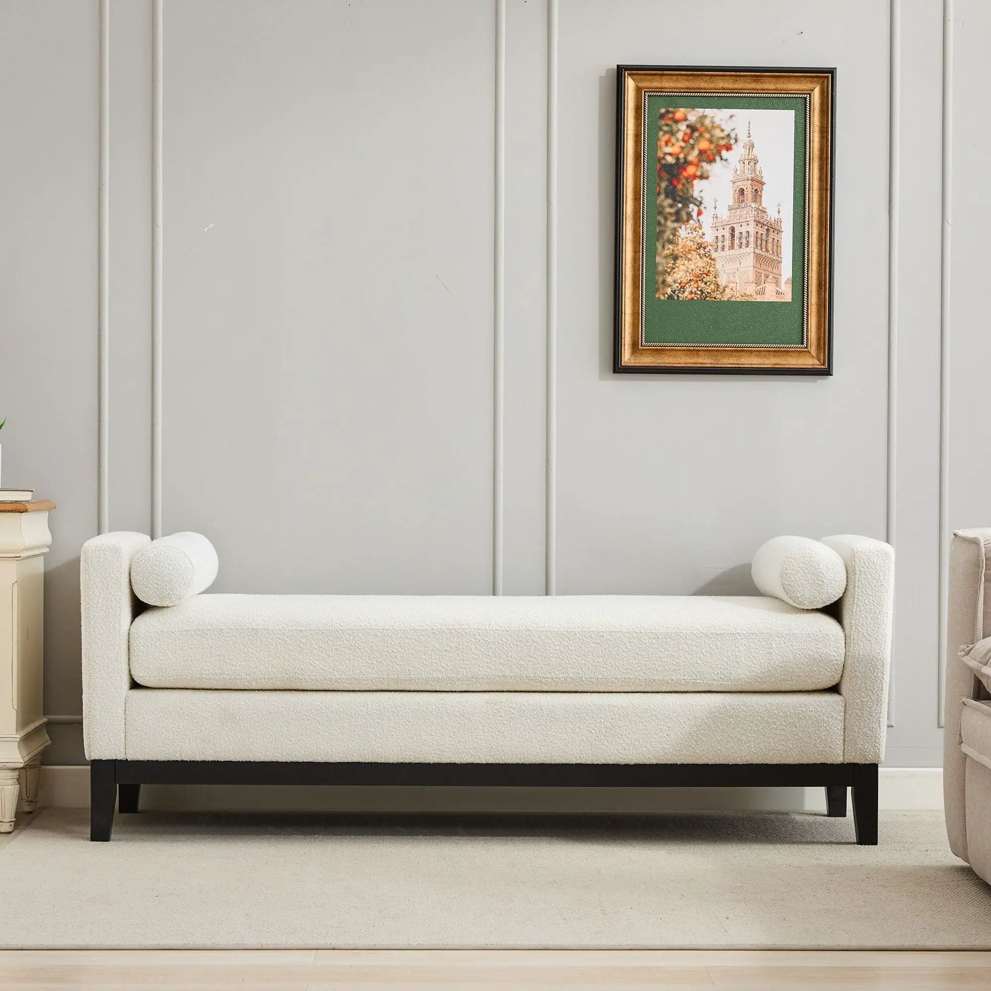Elegant Upholstered Bench, Daybed, Ottoman With Wood Legs & Bolster Pillows - Ivory Boucle by HouseOfZazla