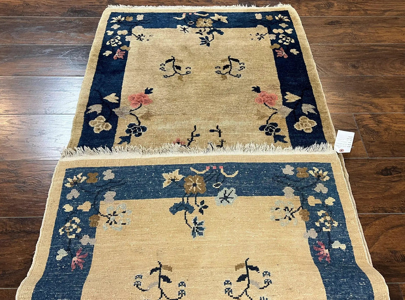 Antique Chinese Peking Rug 3x6, Beige and Dark Blue Hand Knotted Handmade Asian Oriental Carpet, Floral Vases, Vintage Wool Art Deco Rug by Jewel Rugs