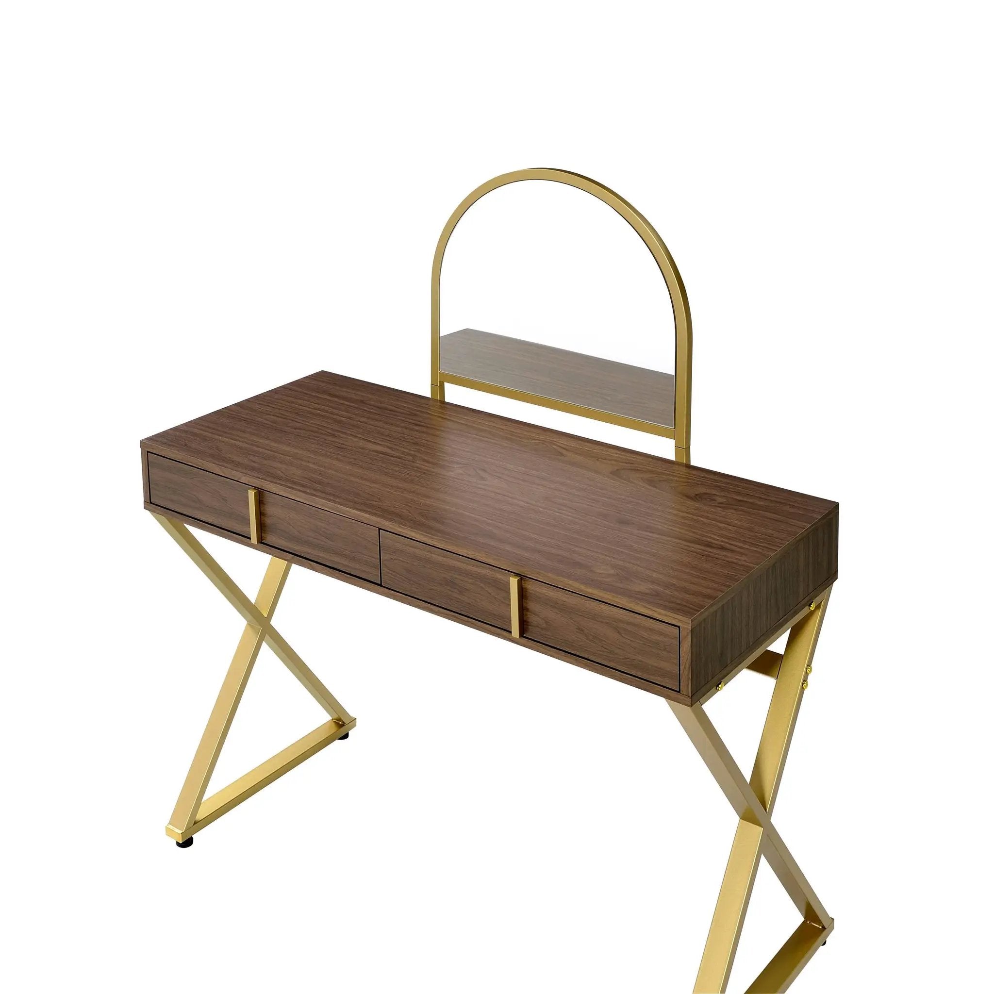 Coleen Walnut & Gold Finish Vanity Desk with Mirror & Jewelry Tray by HouseOfZazla