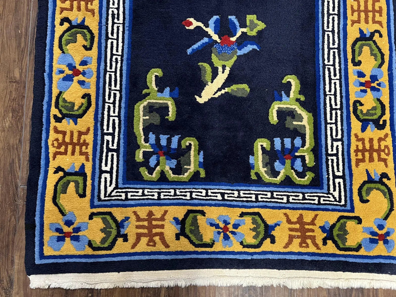Chinese Art Deco Rug 3 x 5.9, Handmade Chinese Peking Carpet, Dark Blue and Gold, Medallion, Asian Oriental 3x6 Hand Knotted Vintage Rug by Jewel Rugs