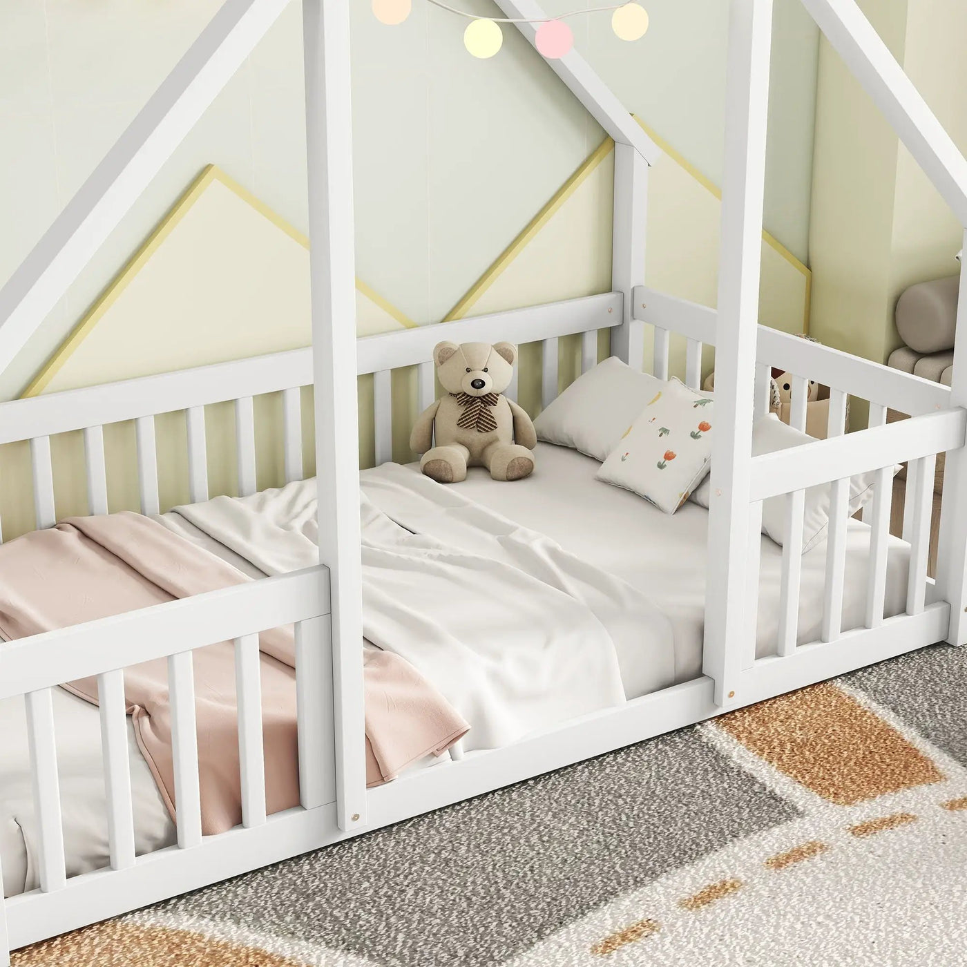 Wood House-Shaped Floor Bed With Fence, Guardrails by Unique Piece Furniture