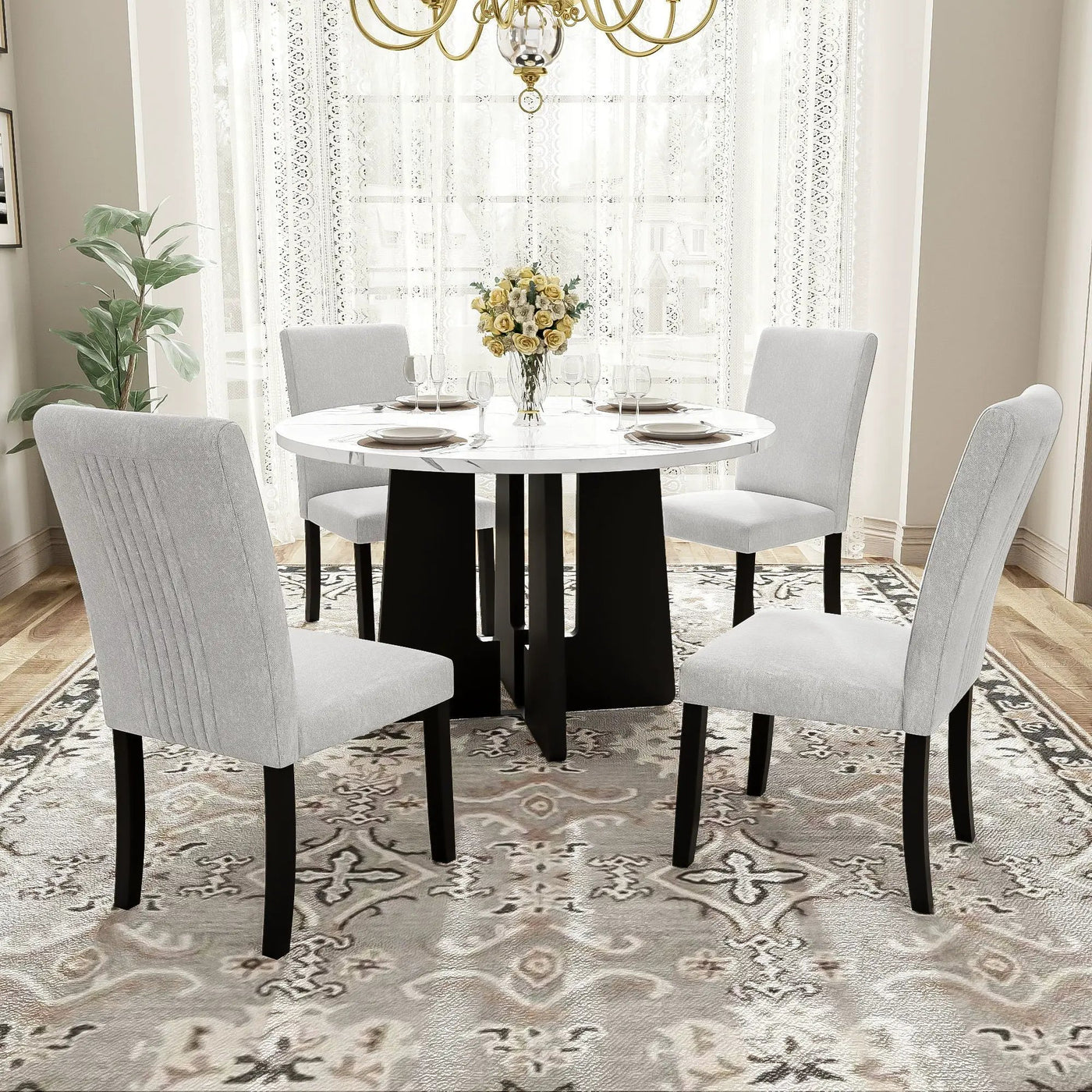 5 Piece Round Dining Table Set, Modern Dining Table And 4 Upholstered Chairs For Dining Room by HouseOfZazla