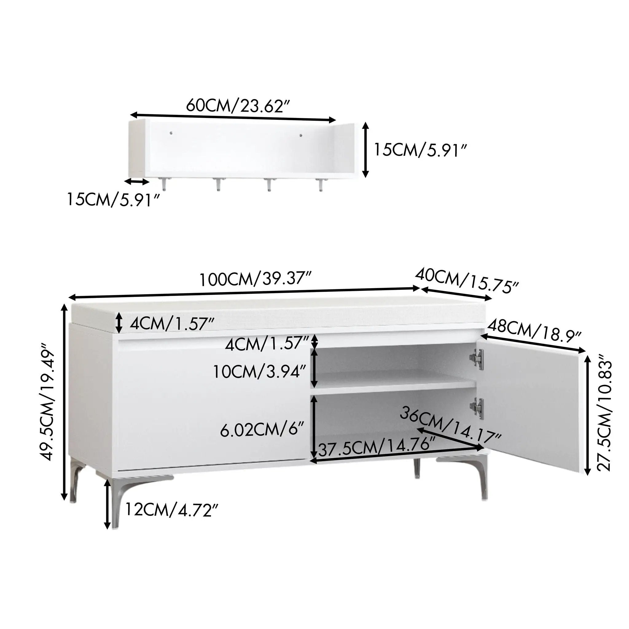 Wall Mounted Entryway Shelf With Hooks And Storage Bench Set - Off White by Unique Piece Furniture