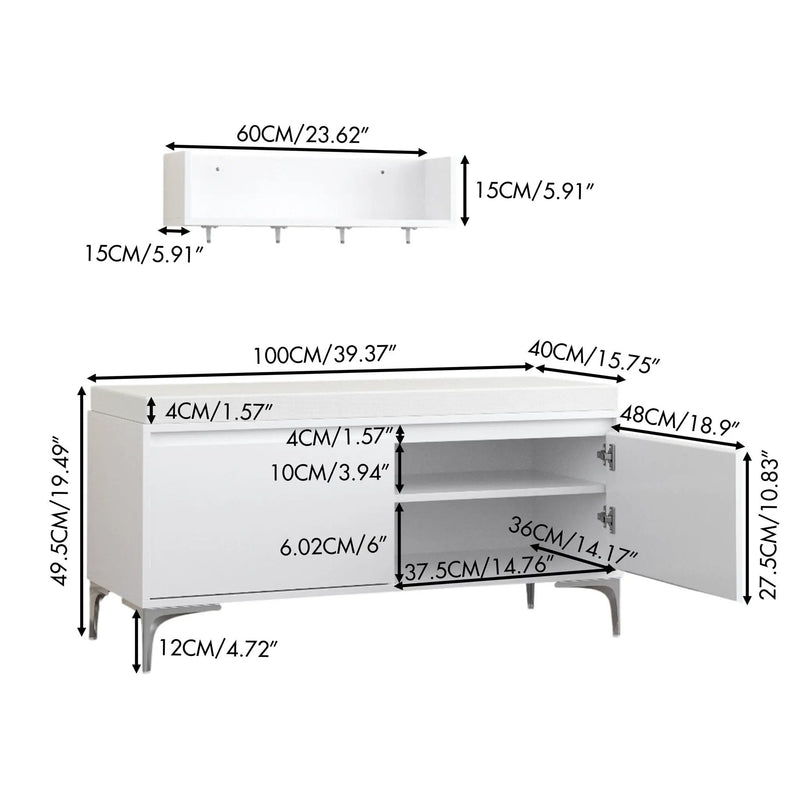 Wall Mounted Entryway Shelf With Hooks And Storage Bench Set - Off White by Unique Piece Furniture