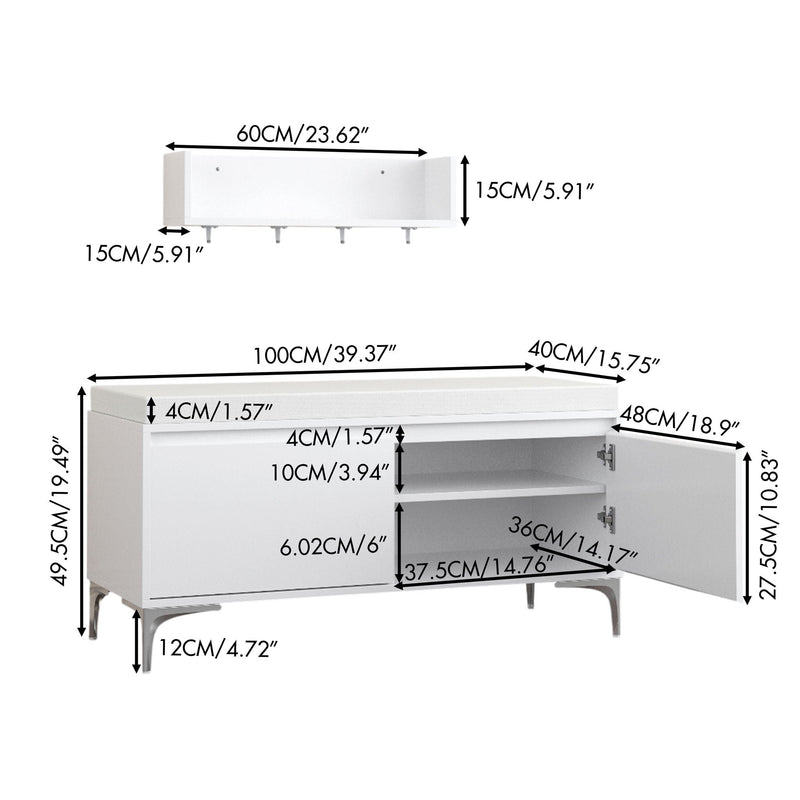 Wall Mounted Entryway Shelf and Storage Bench Set with Hooks and Storage - Off White, photo 3 of 4